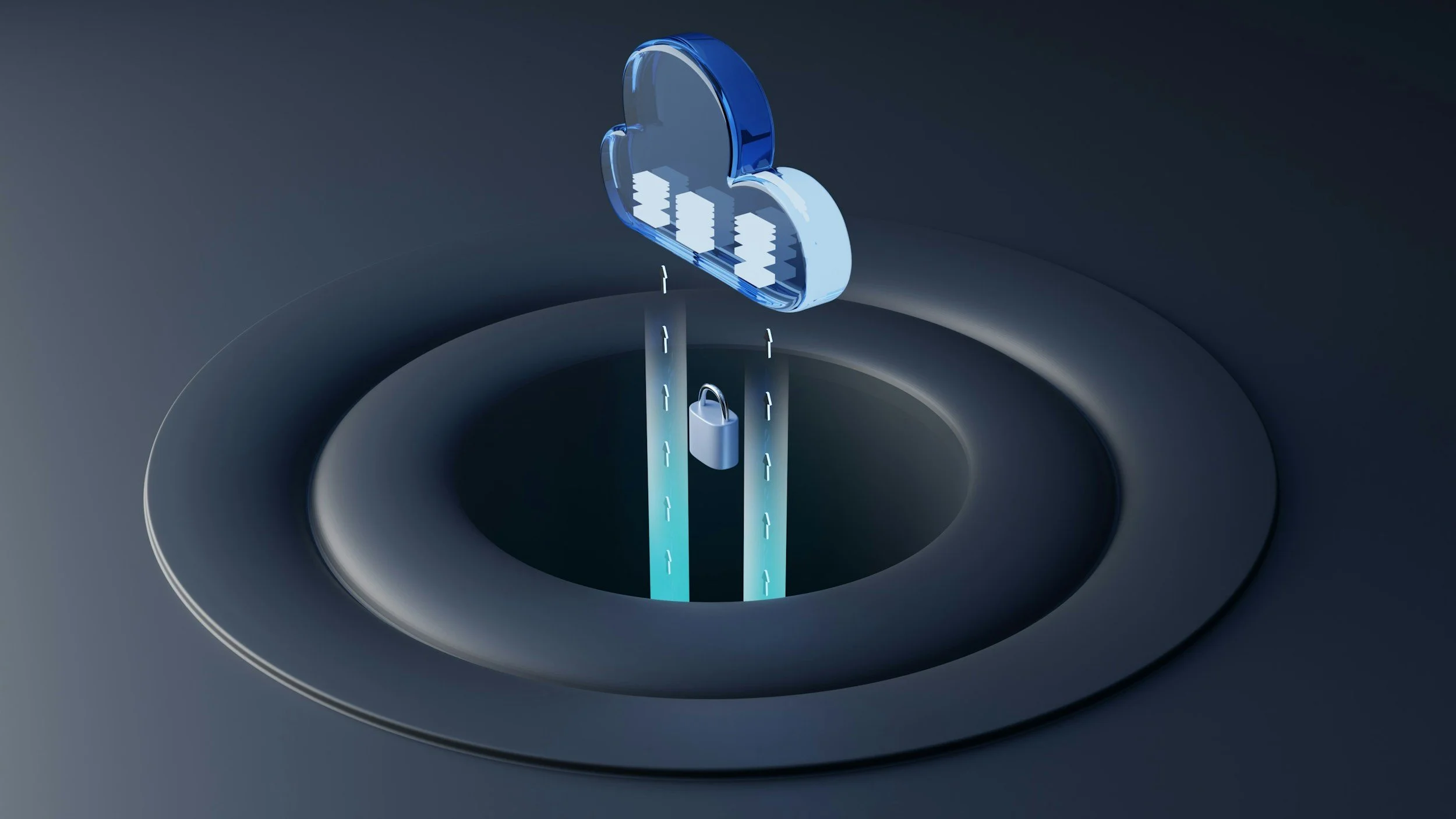 Illustration of a cloud with data blocks and padlock, symbolizing cloud data security.