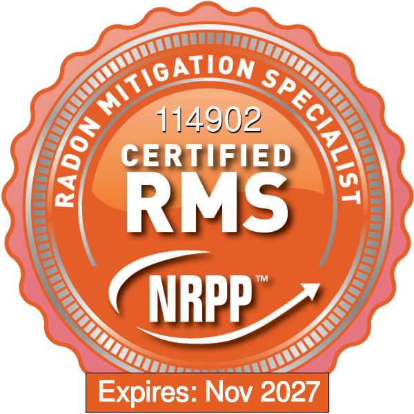 Certification badge from NRPP for radon mitigation specialist, expiring November 2027, with certification number 114902.