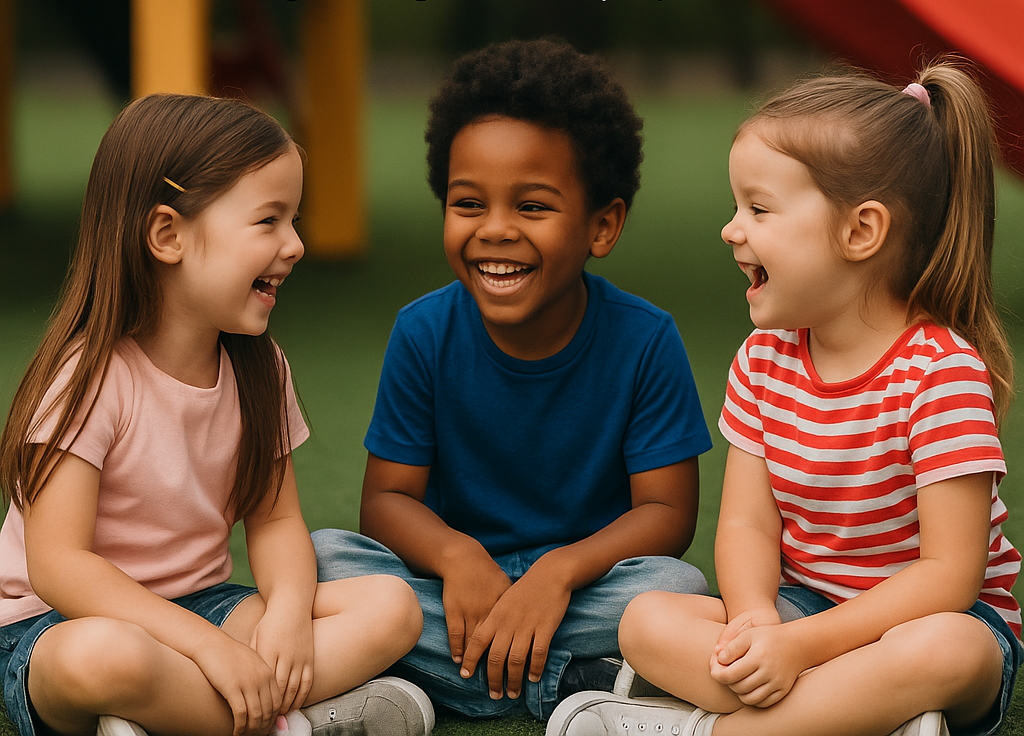 Three children sitting outdoors, smiling and laughing together.