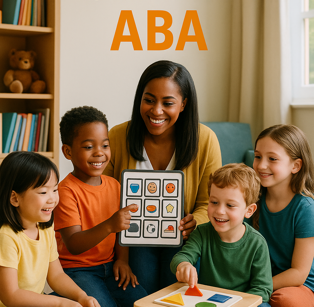 A teacher with four children in a classroom, showing a tablet with various images, while the children are playing with geometric shapes on a table. The background has a bookshelf with books and a teddy bear, and a wall with the letters "ABA" in large orange font.