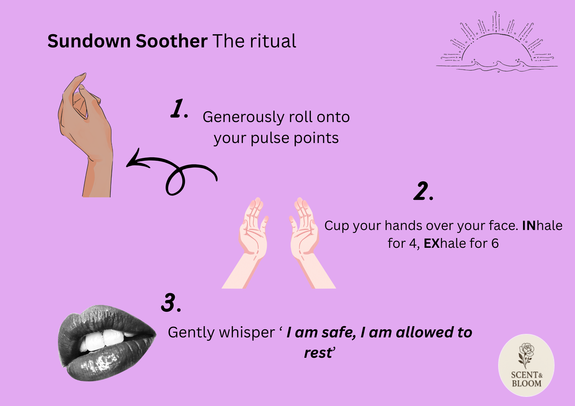 Instructions for a calming ritual called Sundown Soother, explaining three steps: 1. Roll pulse points, 2. Cup hands over face, inhale for four seconds, exhale for six, 3. Whisper 'I am safe, I am allowed to rest'. The background is purple with illustrations of a hand, hands over face, lips, and a sunrise, along with a small logo in the corner that says 'SCENT & BLOOM'.