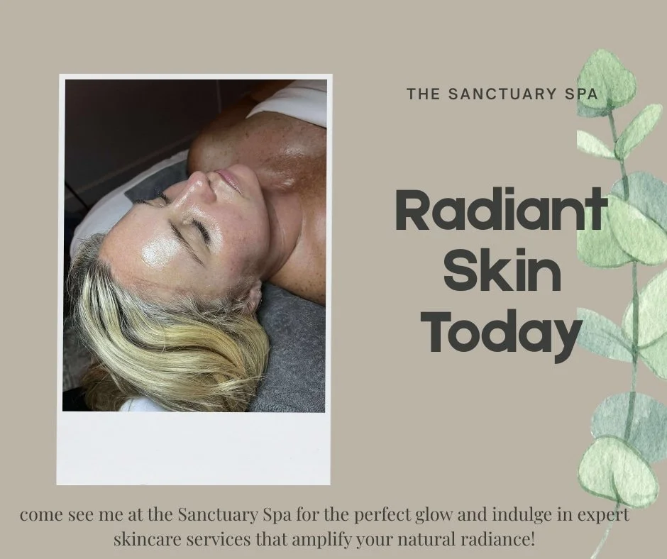 A woman receiving a facial treatment at a spa, lying on her back with her eyes closed, with a caption promoting skincare services at Sanctuary Spa in Hartsville, SC. Your Estie Bestie!