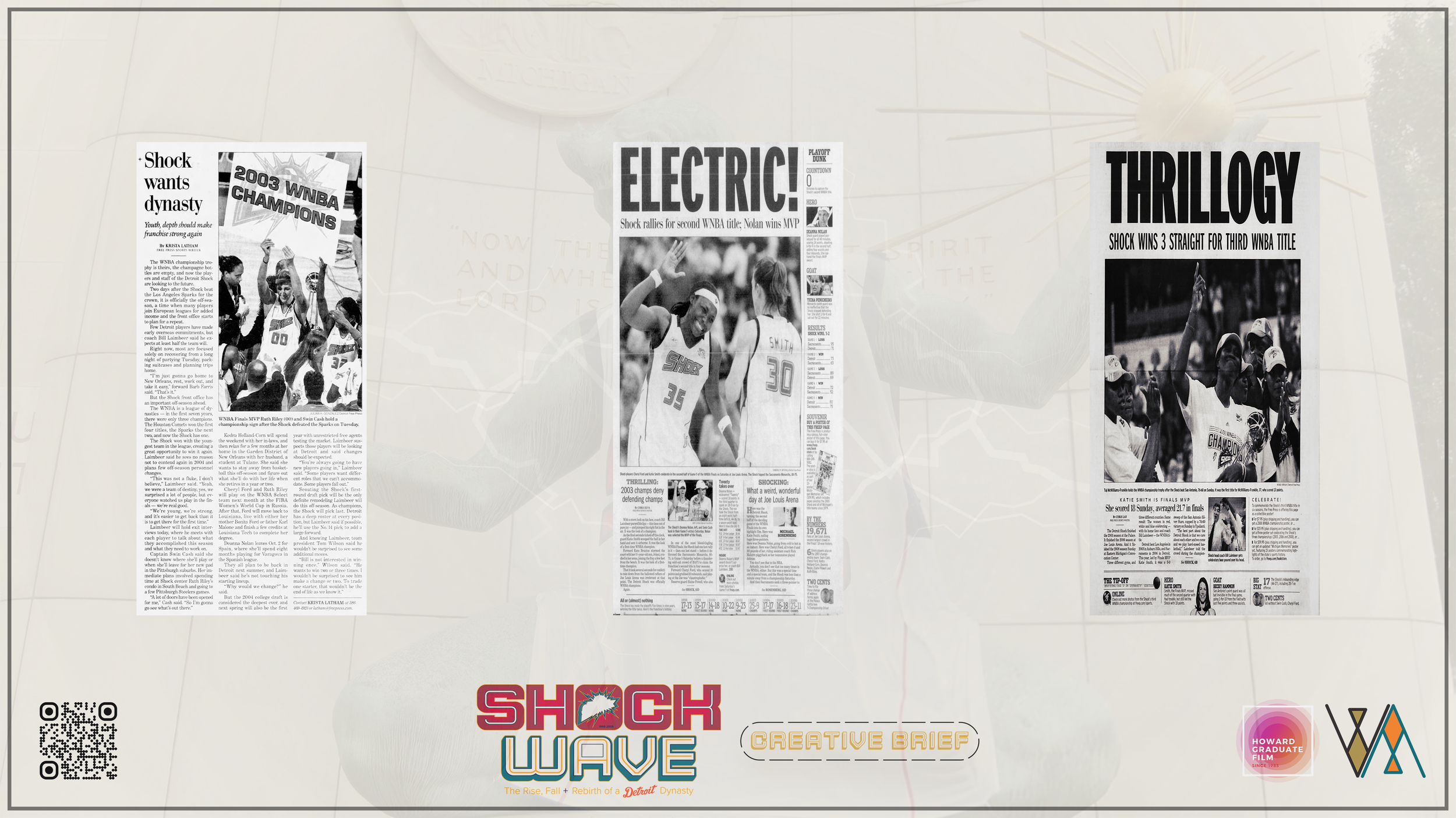 Three black and white newspaper pages with sports headlines and images. The left page features a female basketball player holding a trophy, with headlines about WNBA champions. The middle page shows two female basketball players celebrating, with headlines about a second WNBA title. The right page has a picture of a woman holding up three fingers, with headlines about a third WNBA title.