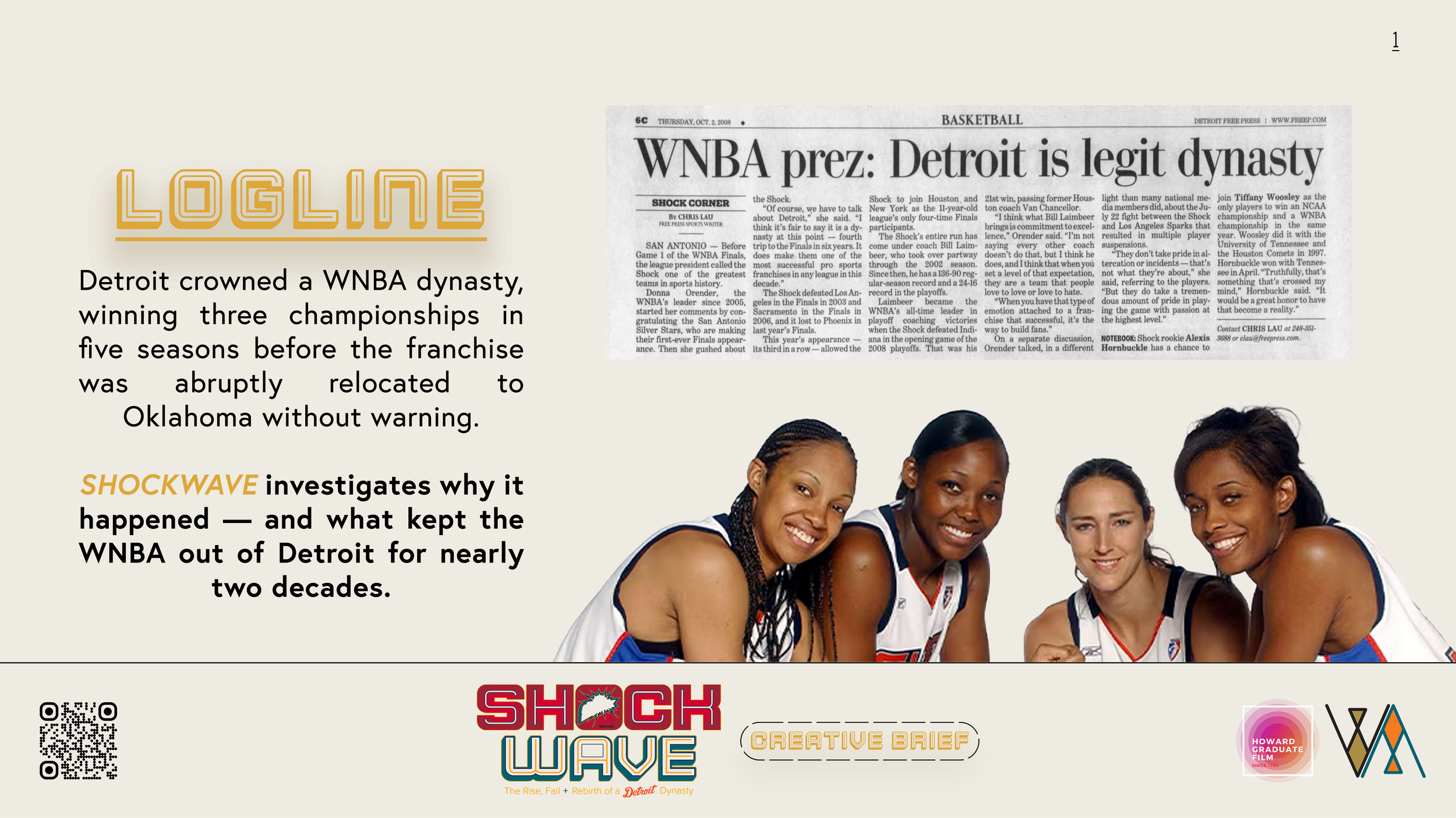 A promotional graphic featuring a newspaper article headline about the Detroit WNBA team, with a group of four smiling female basketball players in team uniforms, and text explaining Detroit's achievements and an investigation by Shock Wave. Logos of Shock Wave, Howard Graduate Film, and another organization are at the bottom.