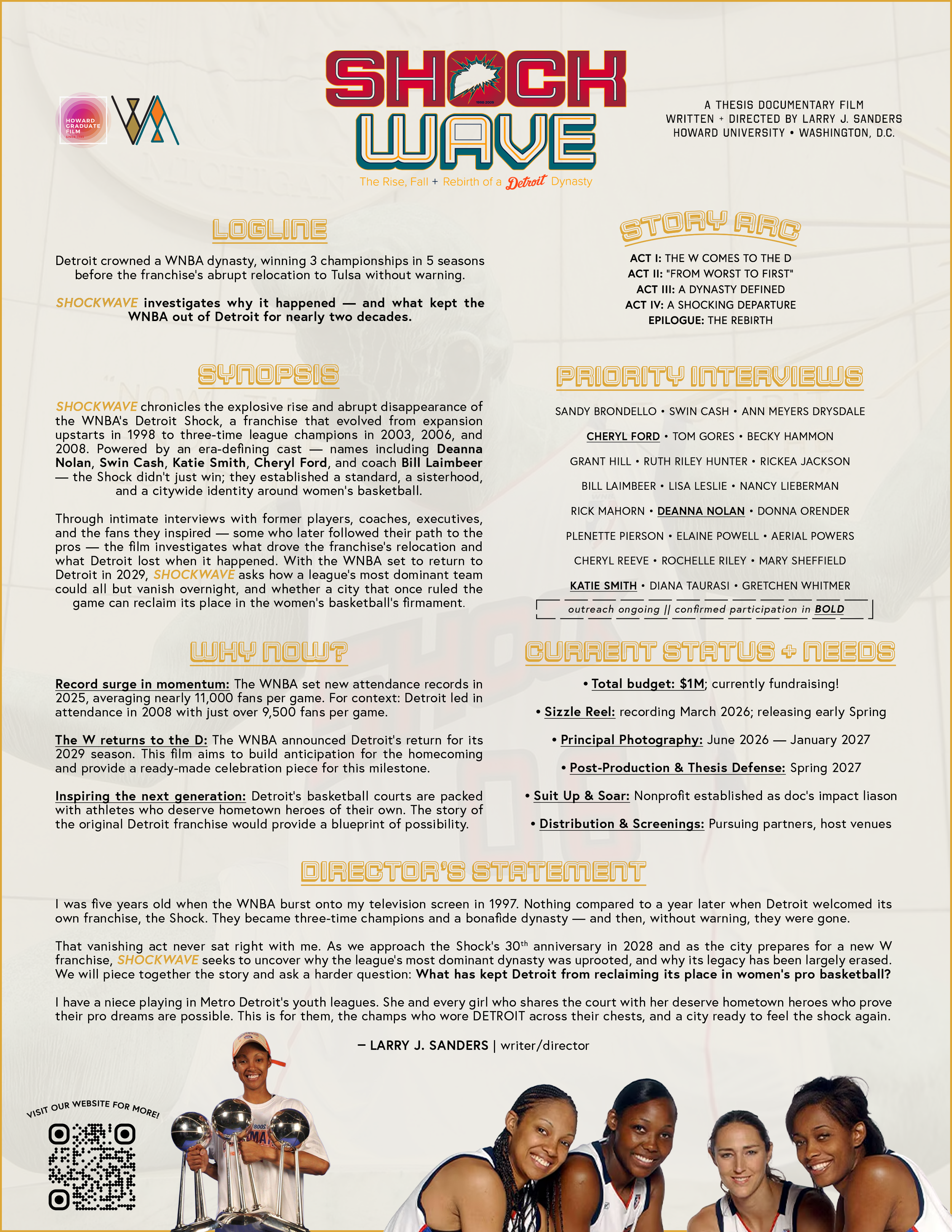 Poster for the documentary film 'Shock Wave' about the Detroit Dynasty of women's basketball, featuring climbing female athletes, text about the team's history, interviews, and future plans, along with a QR code.