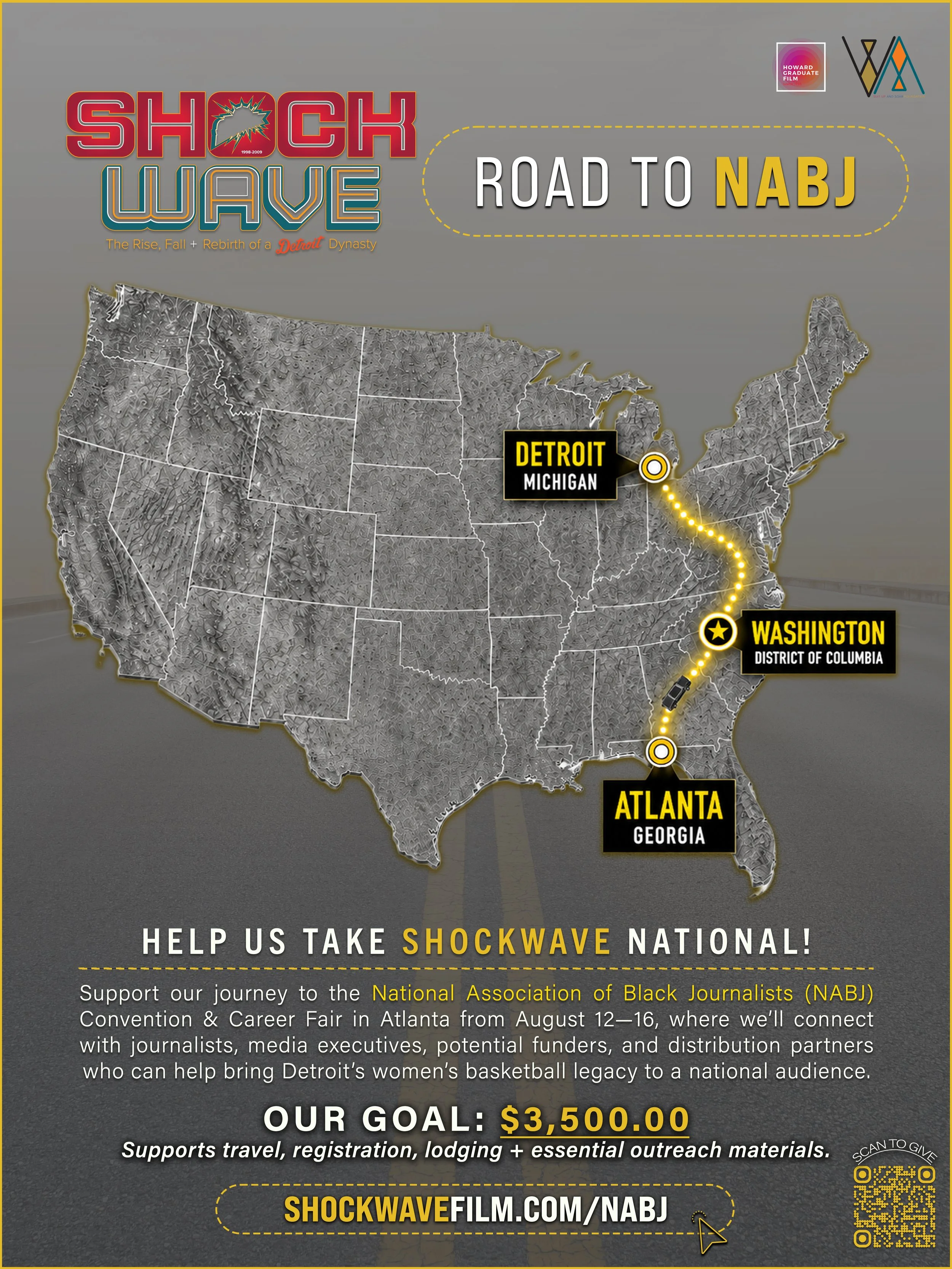 Map of the United States highlighting Detroit, Michigan, Washington, District of Columbia, and Atlanta, Georgia with a dotted line showing a route, and text promoting a campaign supporting the National Association of Black Journalists (NABJ) and a fundraising goal of $3,500.00.