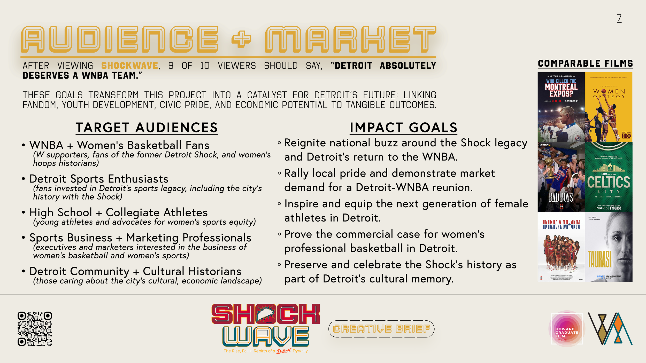 Slide from presentation titled "Audience + Market" for Detroit Shock Wave project. Includes goals, target audiences, impact goals, and visuals of documentary films on the right. Logos and QR code at bottom.