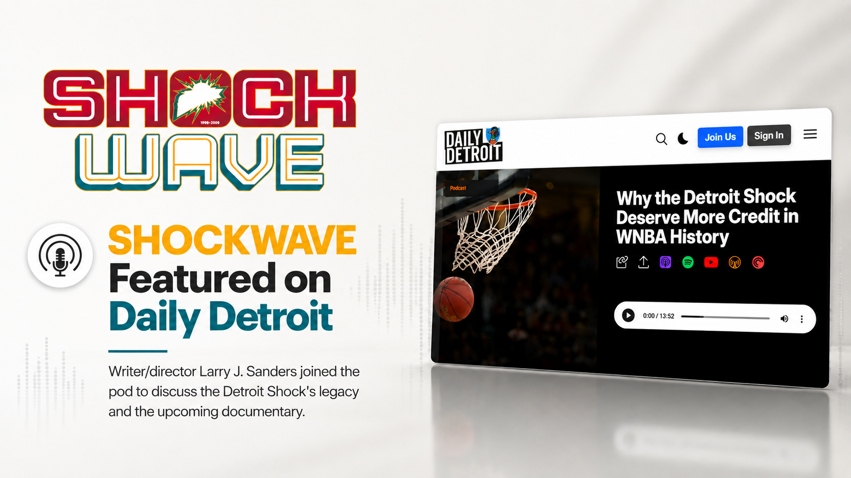 Graphic promoting the Shockwave podcast featured on Daily Detroit, discussing the Detroit Shock's legacy and a new documentary, with text and a screenshot of a podcast episode page.