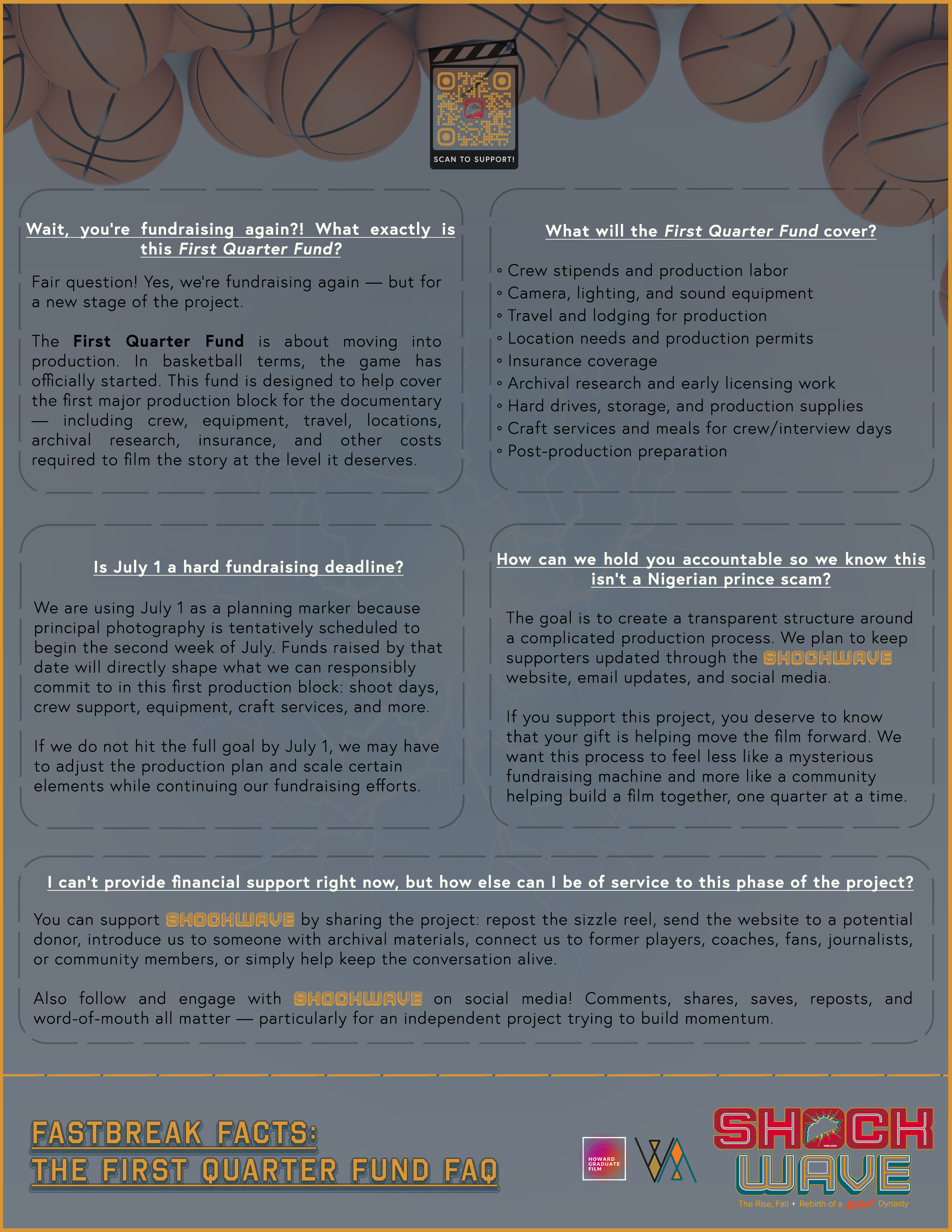 A poster with basketballs in the background and various text and logos related to a film project fundraising campaign, including a QR code at the top center, and the title 'Shockwave' at the bottom right.