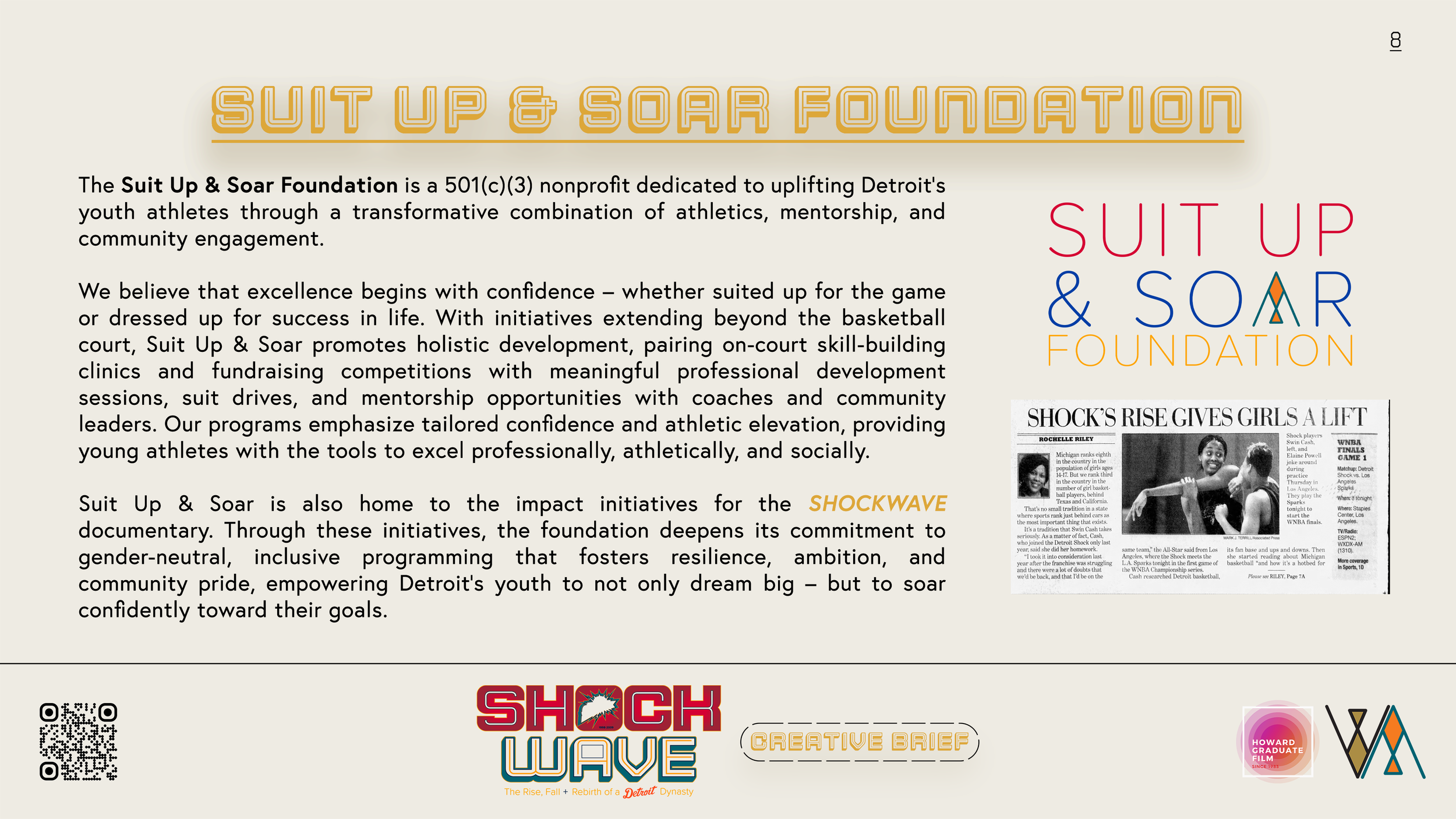 Informational flyer about the Suit Up & Soar Foundation, featuring the foundation's name in large, colorful text, a black-and-white newspaper clipping titled "Shock's Rise Gives Girls a Lift," a QR code at the bottom left, and logos of Shockwave and the Howard Graduate Film at the bottom right.