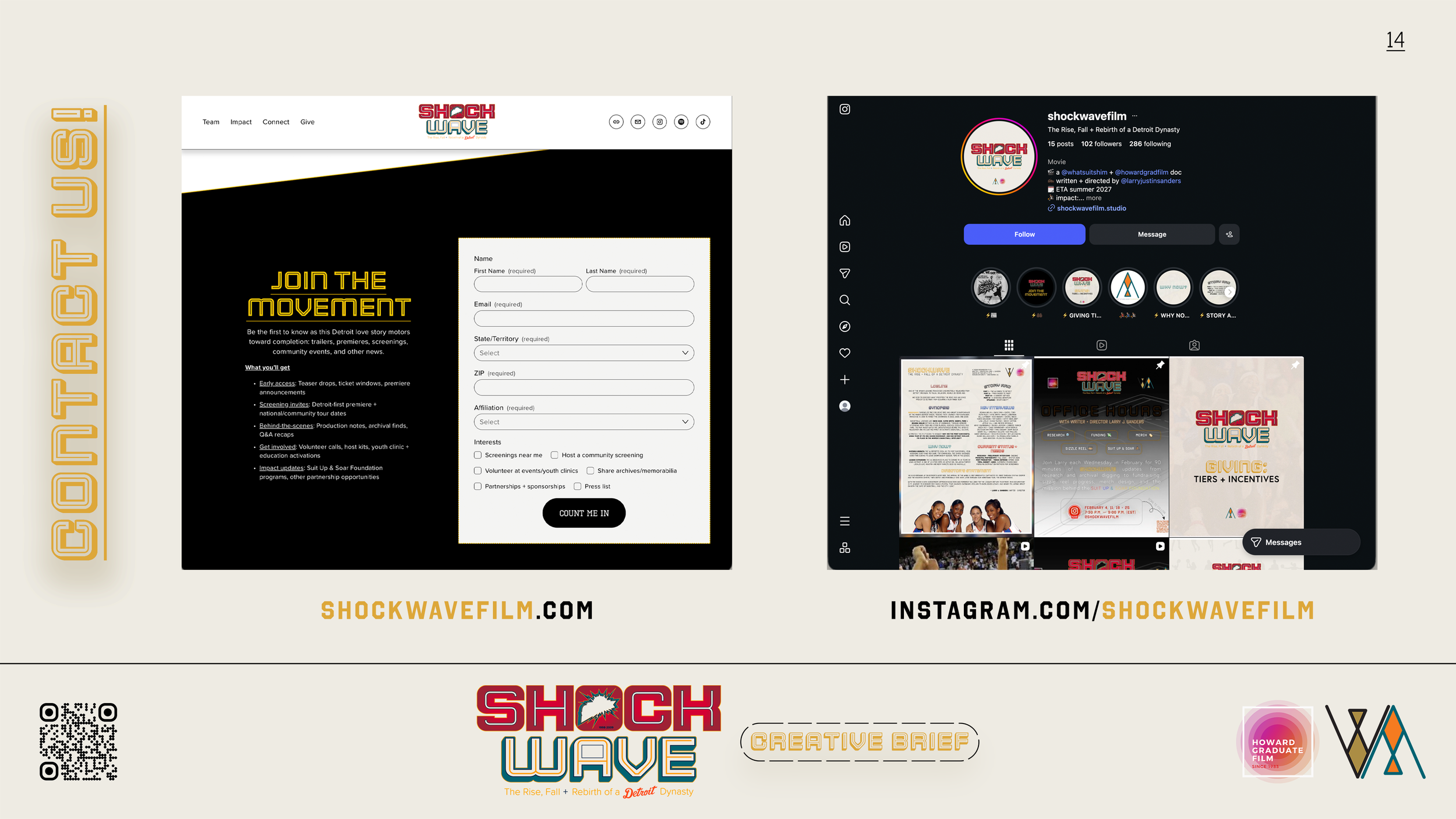 A collage of digital screenshots featuring a website and social media profile for Shock Wave Film, a Detroit-based film production company, with logos, event posters, and contact information.