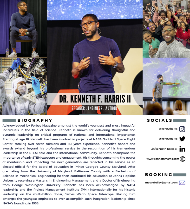 A collage of five images featuring Dr. Kenneth F. Harris II: a man seated on a stage, a man giving a presentation, children and an adult taking a selfie, a scientist working in a lab, and a speaker pointing at a large screen.