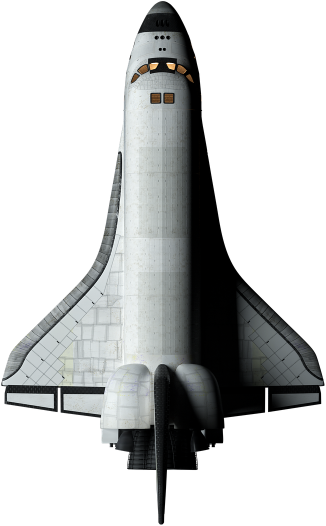 A space shuttle viewed from below, isolated on a black background.