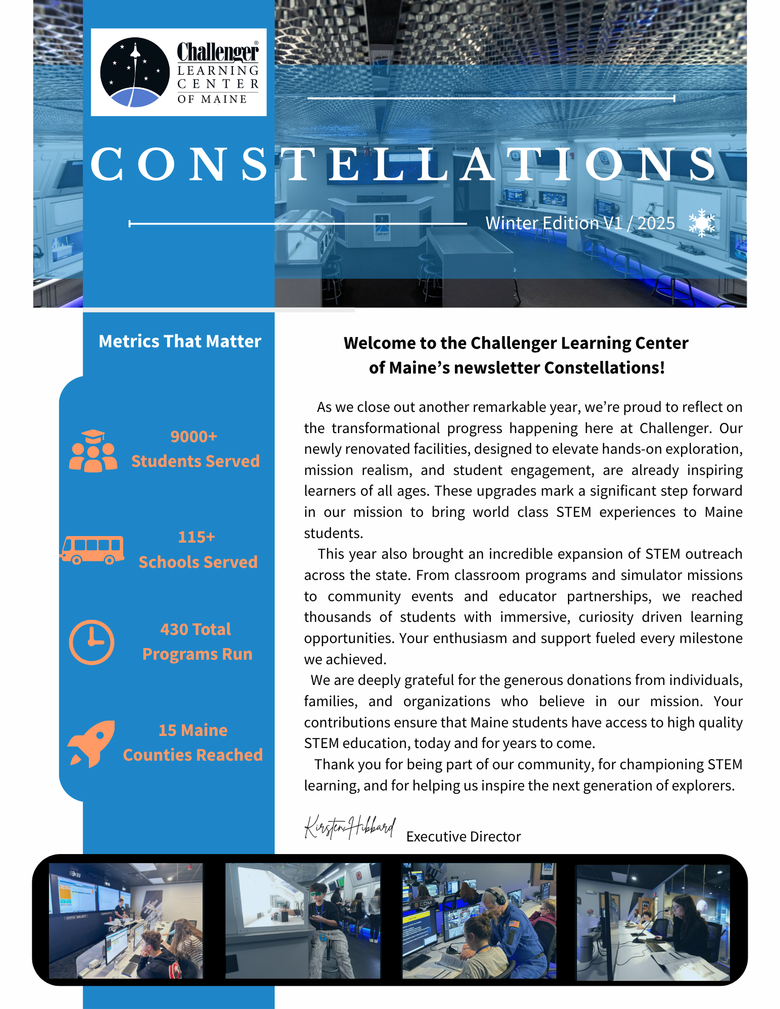 Newsletter for Challenger Learning Center of Maine featuring logo, a blue and white color scheme, statistics on students served, schools served, programs run, Maine counties reached, a letter from the executive director, and a row of photos showing students and instructors in educational science and computer lab settings.