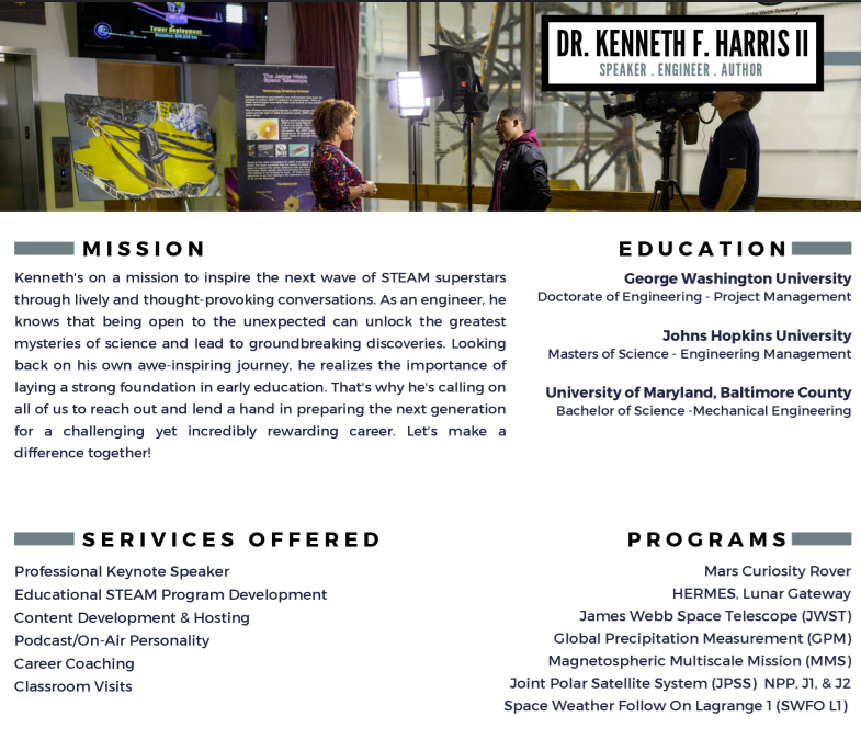 A woman and a young man being interviewed in a room with large windows, lighting equipment, and printed posters about science and engineering projects.