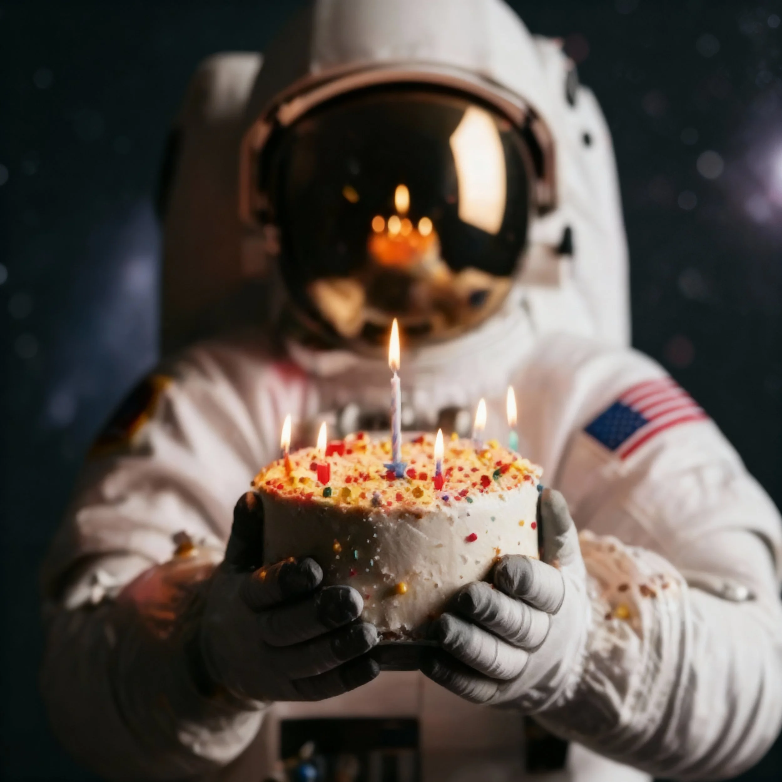 An astronaut in a space suit holding a birthday cake with lit candles.