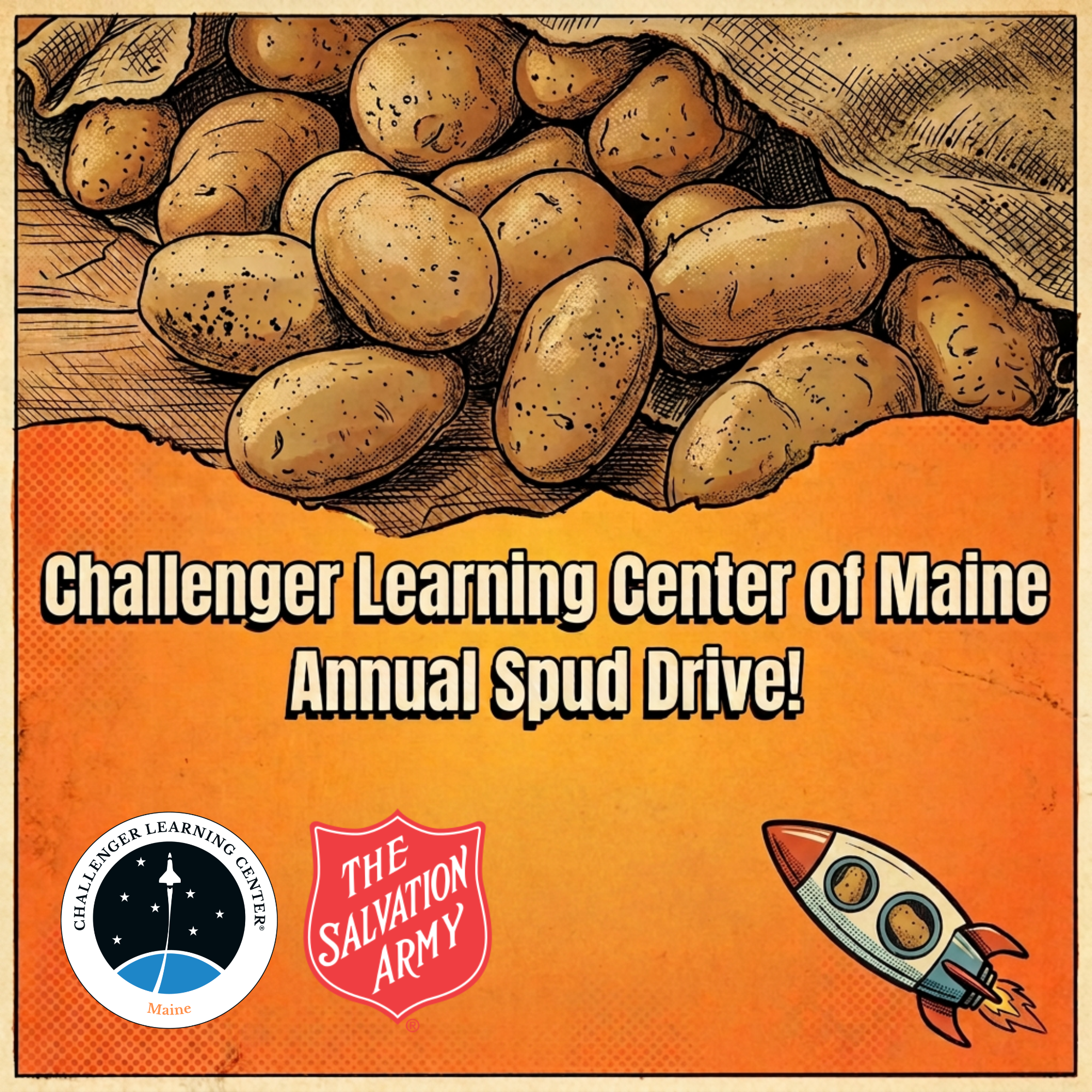 A comic-style illustration of a paper bag filled with potatoes, accompanied by logos of the Challenger Learning Center of Maine, the Salvation Army, and NASA. There is a drawing of a rocket in the lower right corner.
