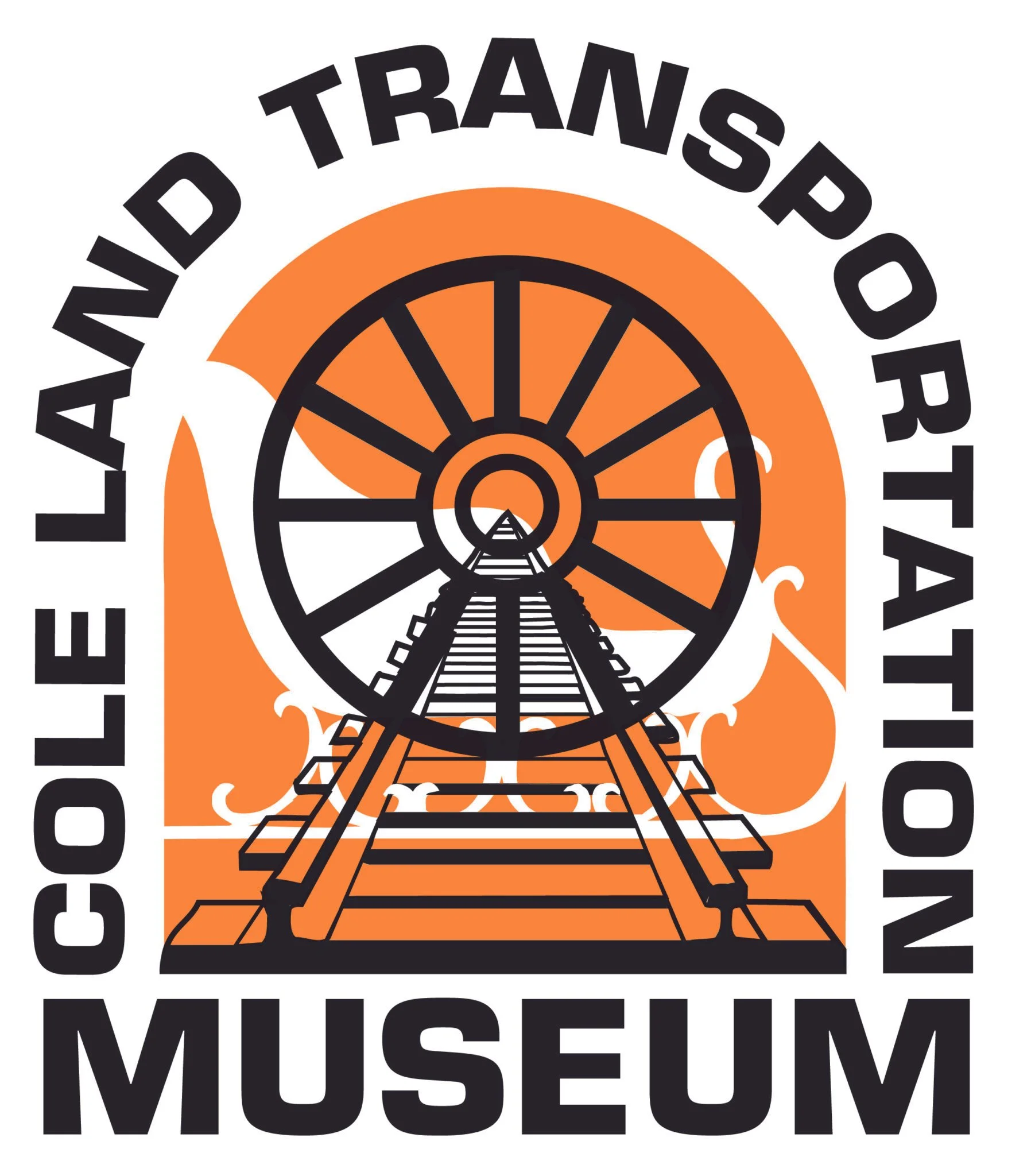 Logo of Lone Land Transport Museum featuring a stylized train wheel and tracks with an orange background.