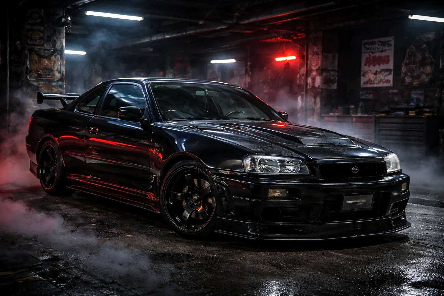 Black nissan skyline on an angle with black alloy wheels in a moddy dark underground garage