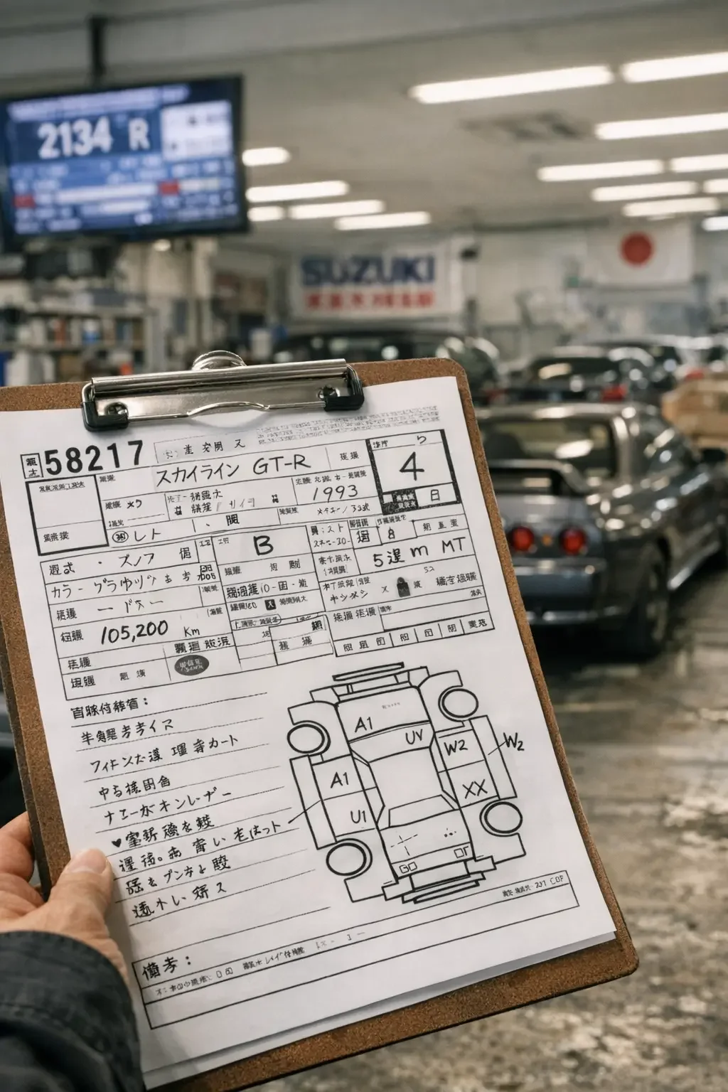 auction sheet showing conditon of  car with a grey nissan skyline in a auciton house in japan