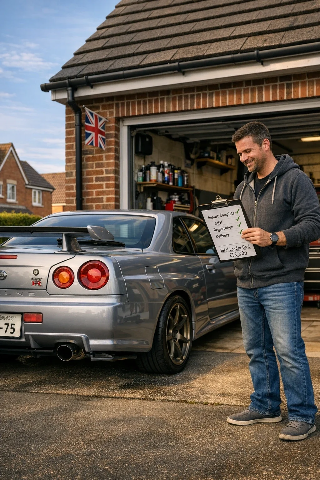 grey nissan skyline white man holding a clip board
