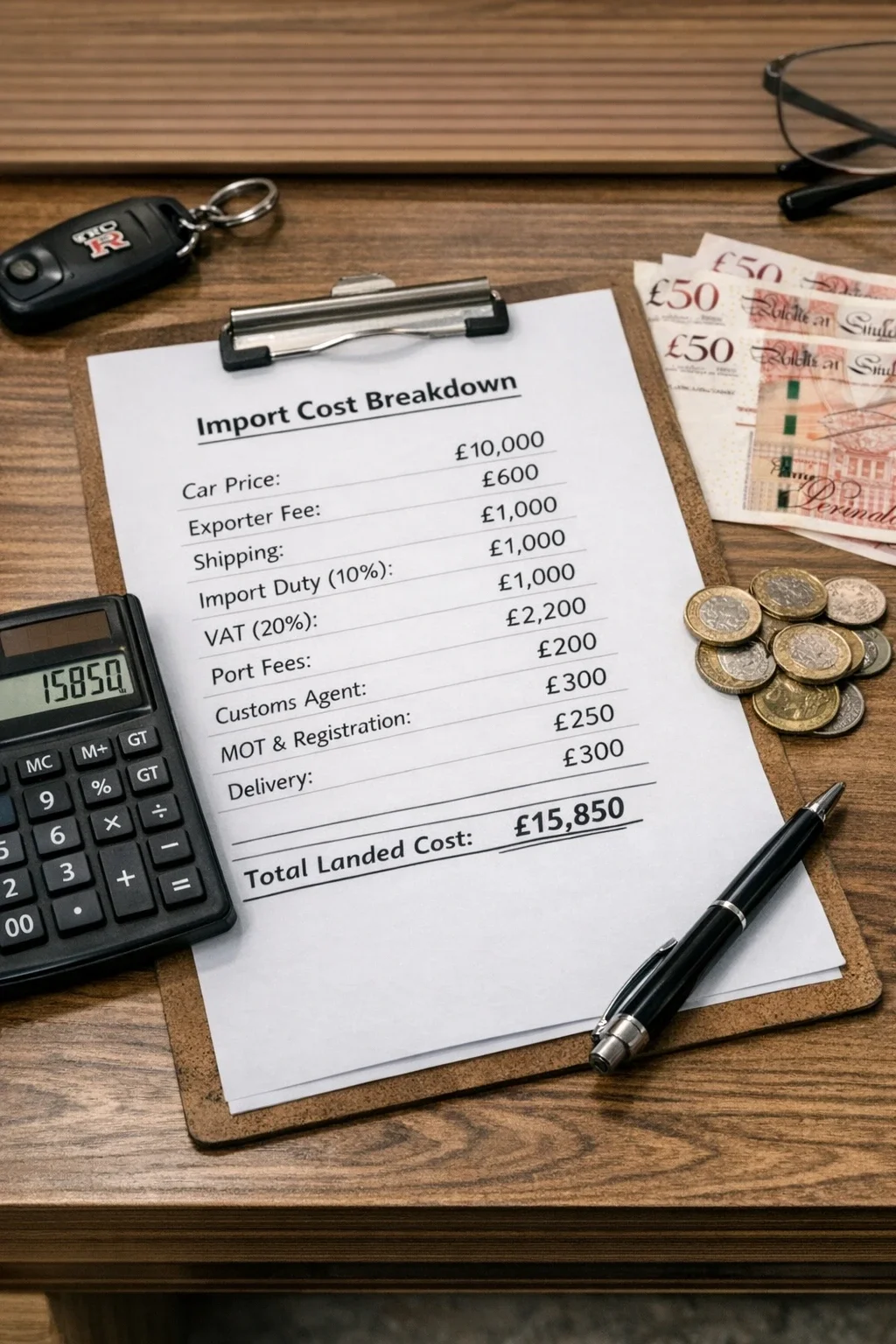 clipboard hsowing the costs broken down of a import
