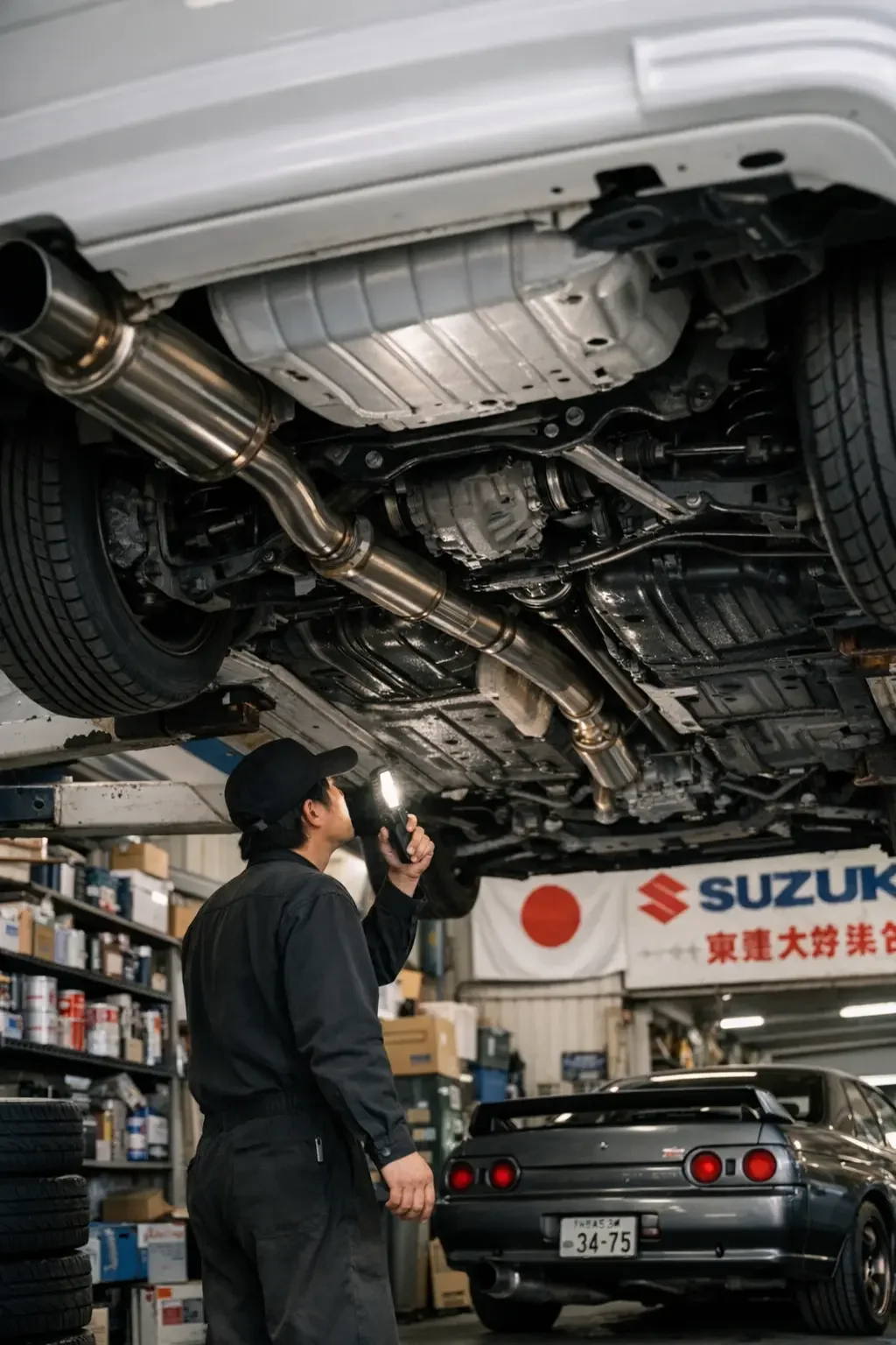 underside inspection of a car in a garage in japan with a worker inspecting it with a grey nissan skyline
