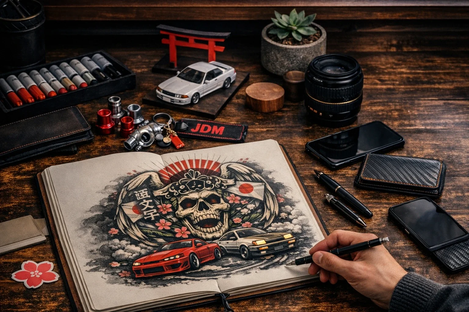 a white mans hand holding a pen drawing a desig onto a note book with msic items on a desk