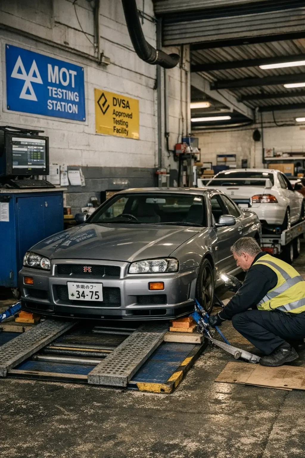mot test station uk with a grey nissan skyline