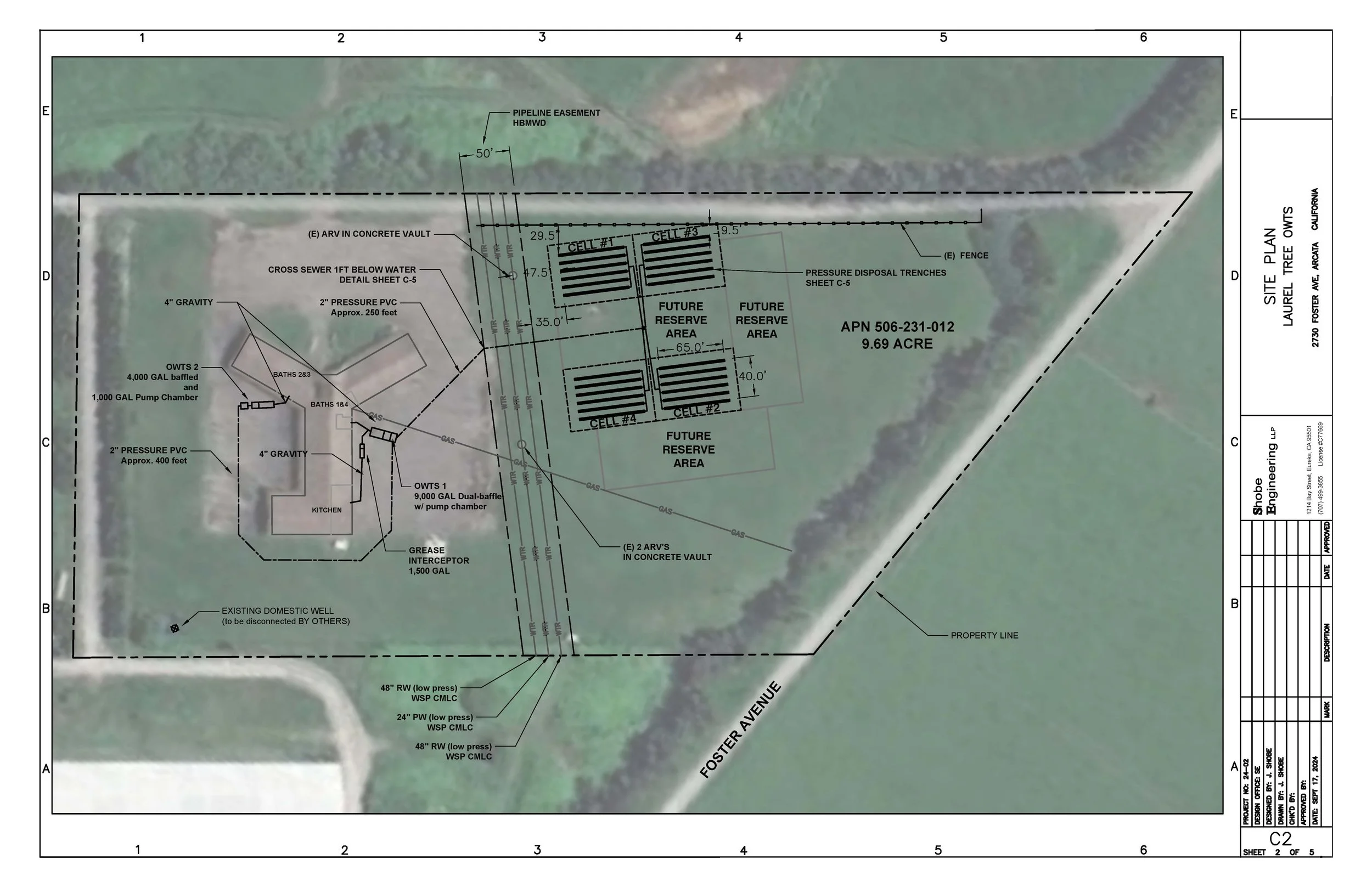 Site plan of a 9.69-acre property with labeled areas for future reserve, existing well, and various infrastructure details, including pipelines, trenches, and retaining walls. The plan also shows cell locations and property boundaries along Foster Avenue.