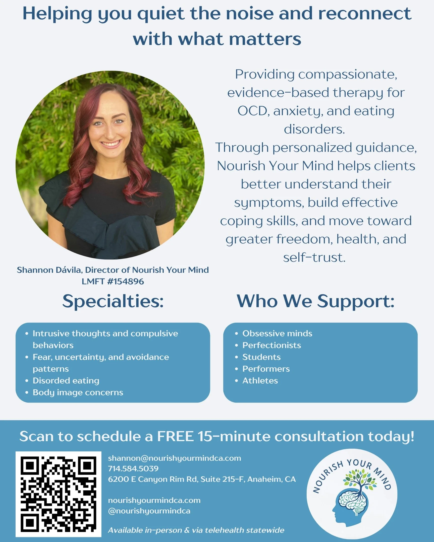 Hi everyone! 🌿

As a Licensed Marriage and Family Therapist and OCD and Anxiety Specialist, I&rsquo;m excited to officially share Nourish Your Mind, my private therapy practice created to support individuals navigating:

✨ Anxiety
✨ Intrusive though