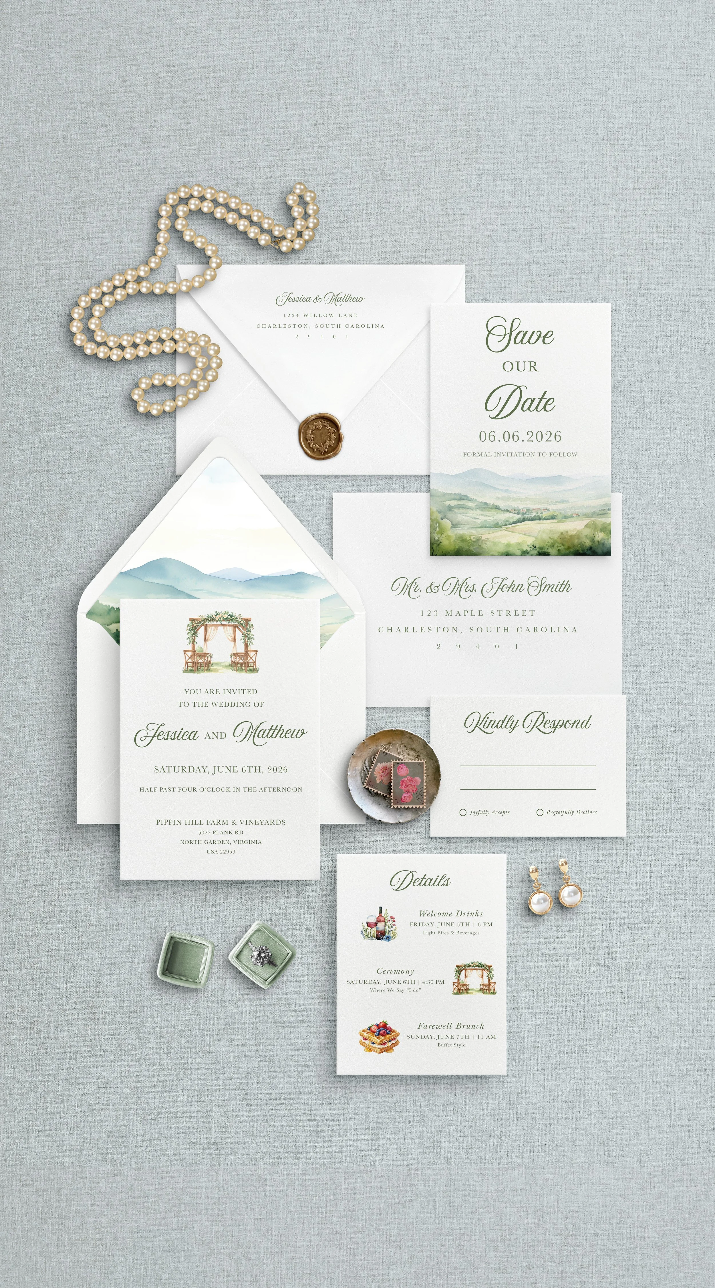 Wedding invitation stationery set including save the date card, wedding invitation, RSVP card, details card, and ceremony card. Items are decorated with watercolor landscape illustrations, pearl necklace, and pearl earrings, all on a light gray textu
