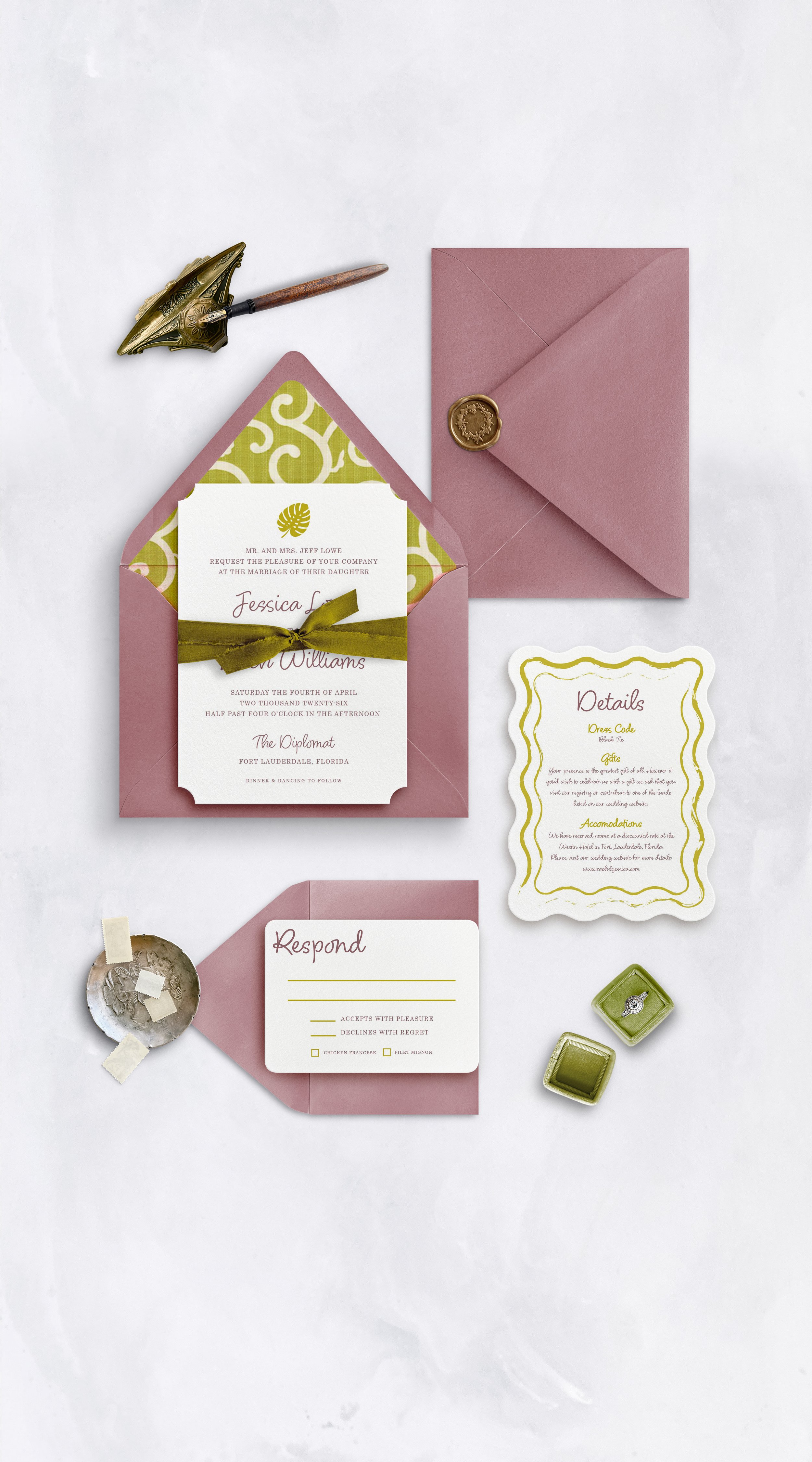 Wedding invitation suite with pink, white, and green details, including an invitation card, RSVP card, details card, and envelopes, with a wax seal, vintage wax stamp, and small jewelry boxes.