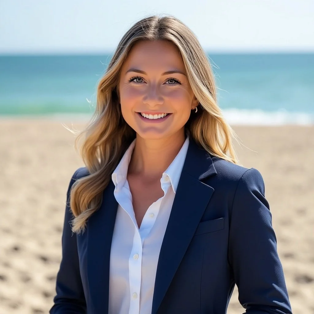 A young woman in a navy blazer and white shirt standing on a sandy beach with the ocean in the background, smiling at the camera.