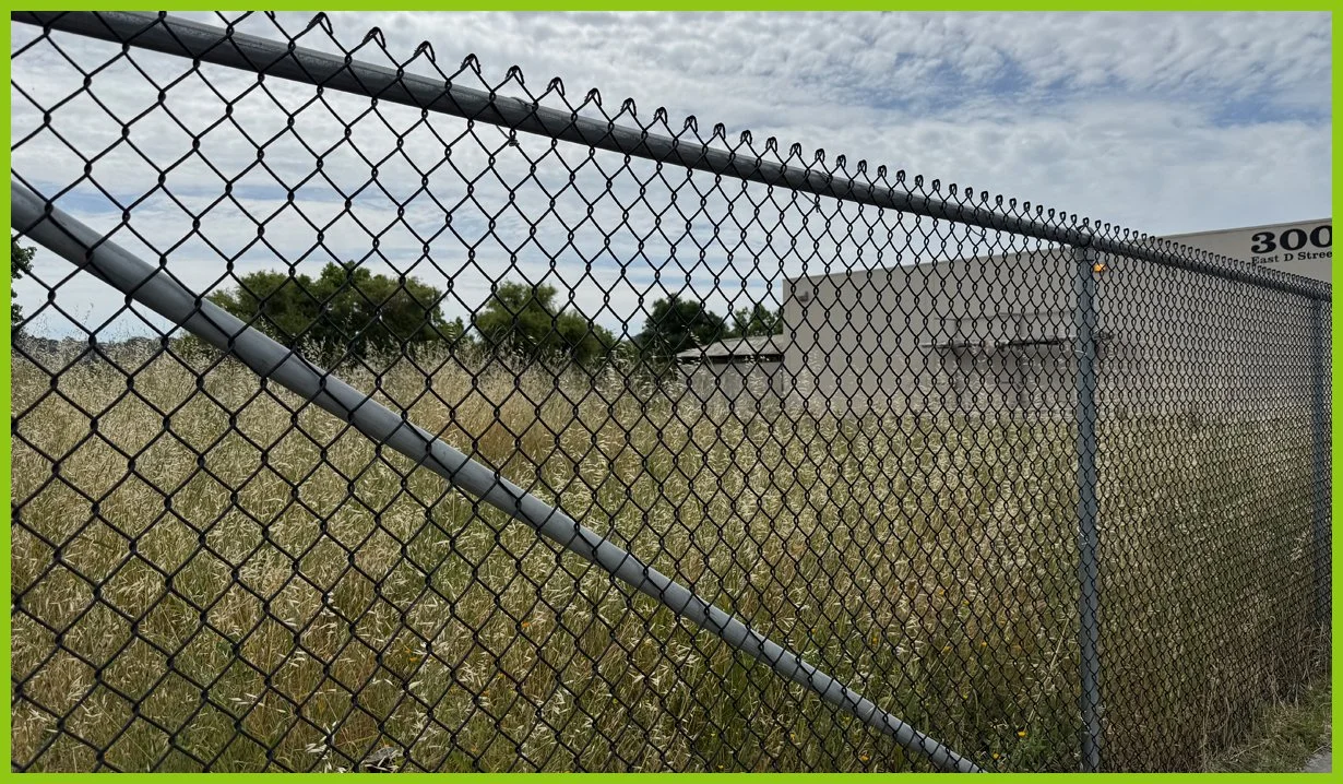  We look across East D Street and see an overgrown lot behind a chain‑link fence. 