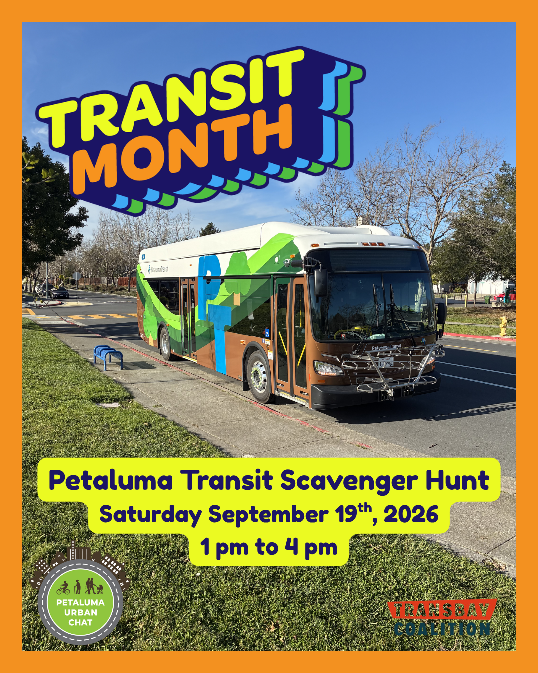 Promotional image for Petaluma Transit Scavenger Hunt with transit bus.