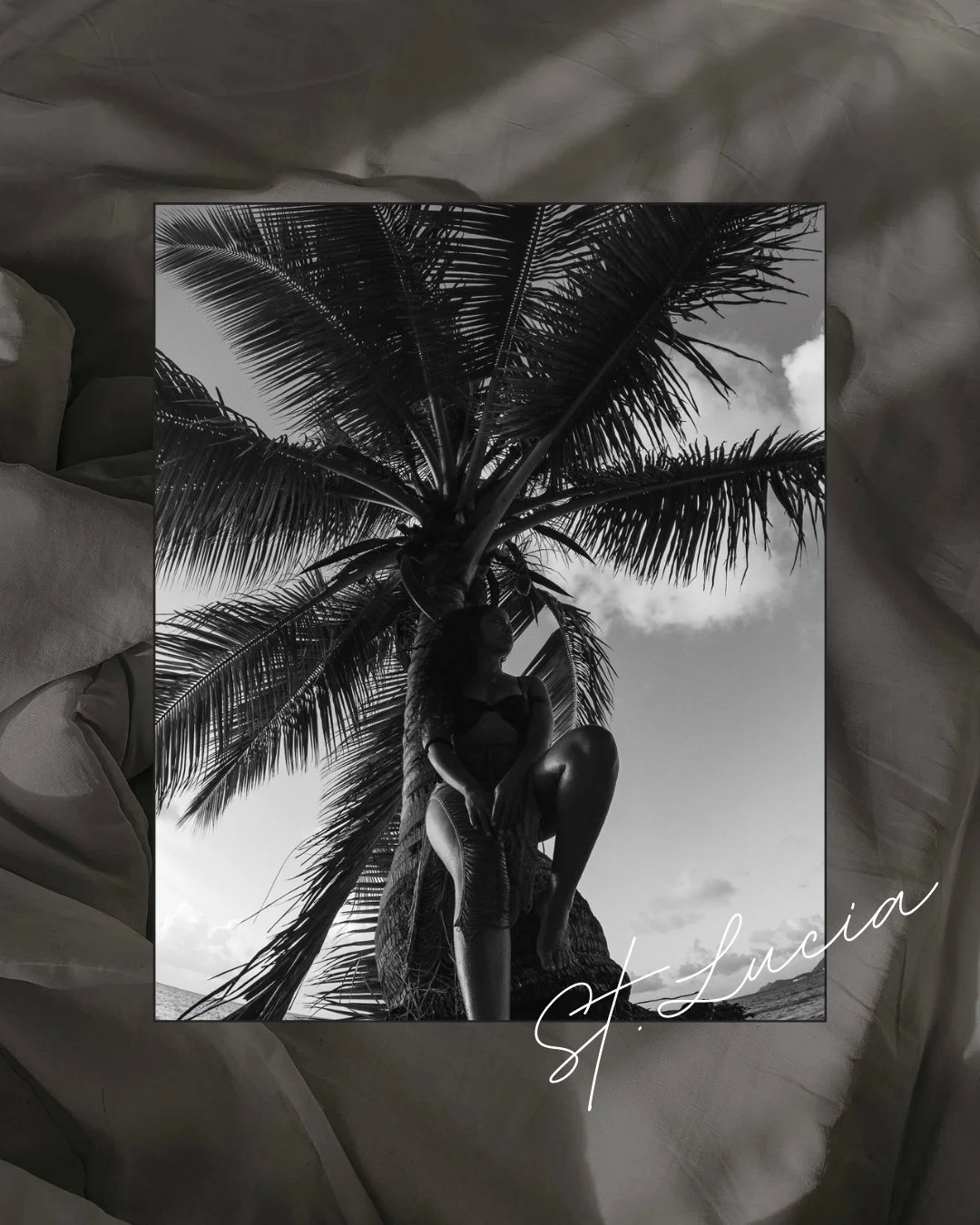 Black and white photo of a woman sitting on a tree trunk beneath a large palm tree, with clouds and sky in the background.