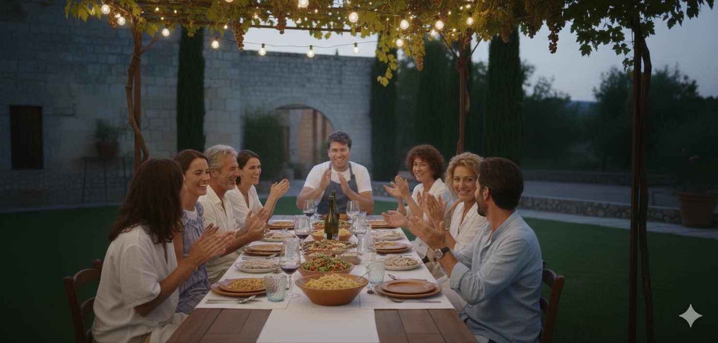 People celebrating at an outdoor dinner table during sunset, with string lights hanging overhead, food and drinks on the table, and a stone building in the background