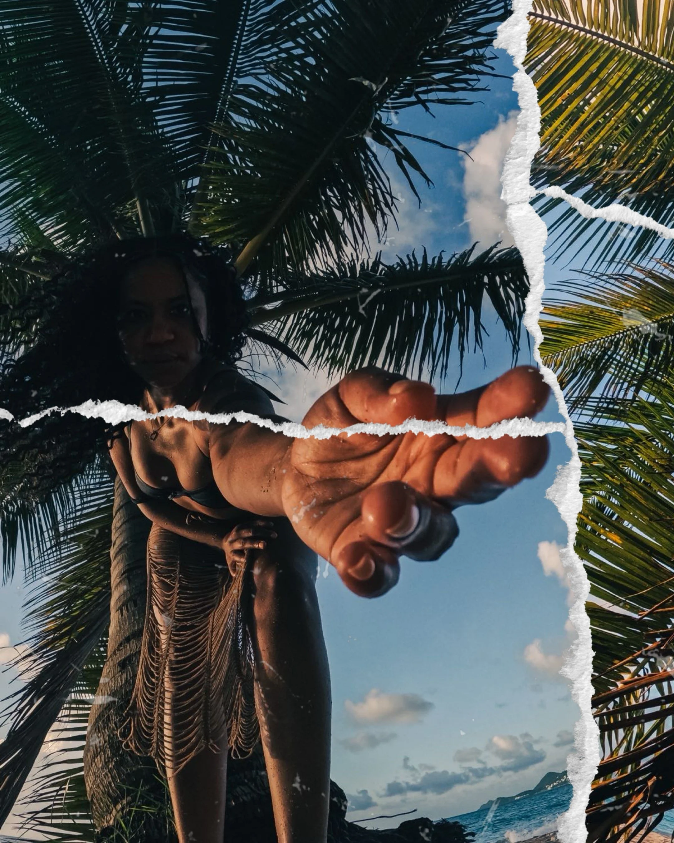 A woman in a swimsuit reaching out toward the camera with tiki torn paper effect revealing a tropical beach scene with blue sky, clouds, palm trees, and ocean.