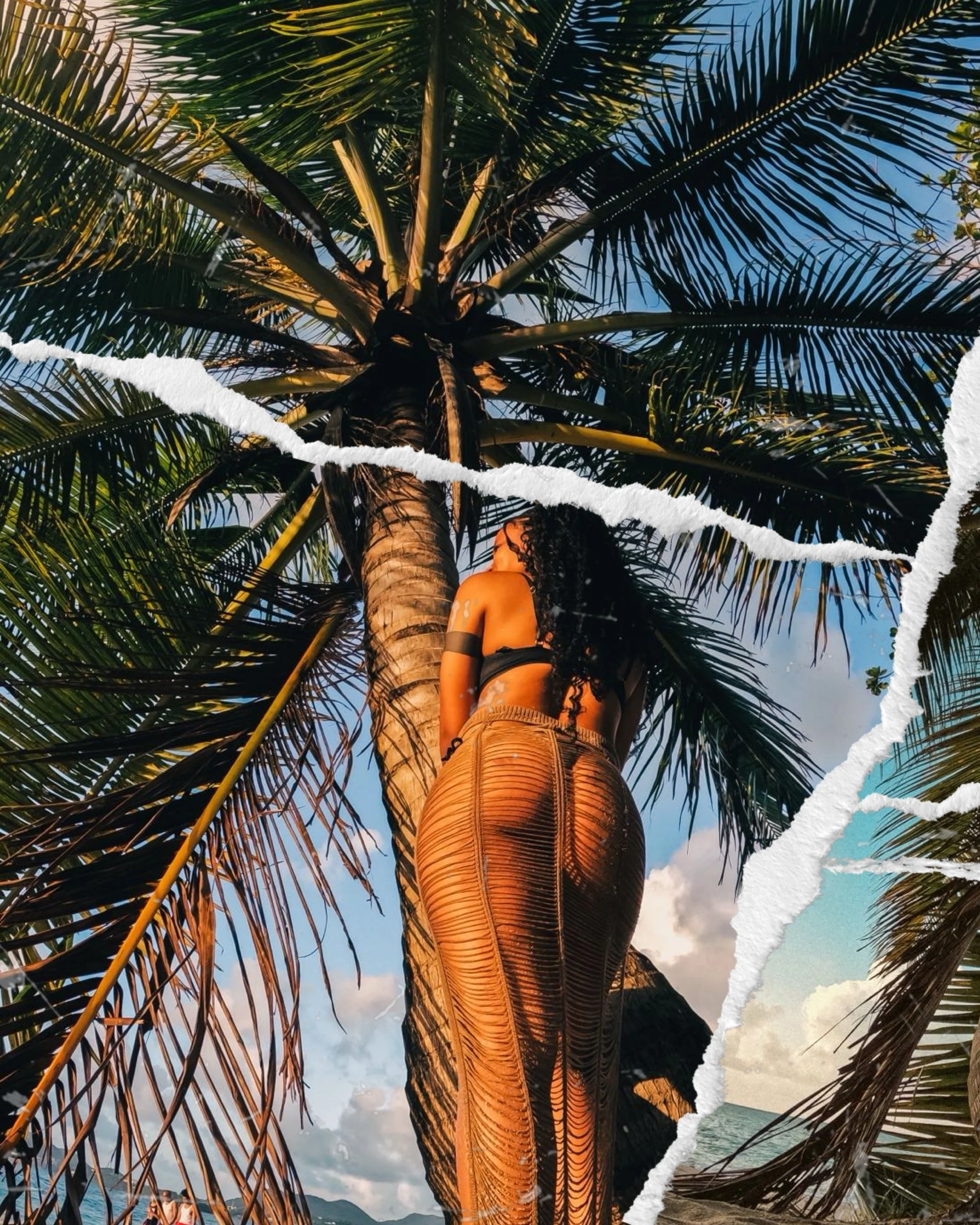 A woman with curly hair standing under a tall palm tree on a beach during sunset.