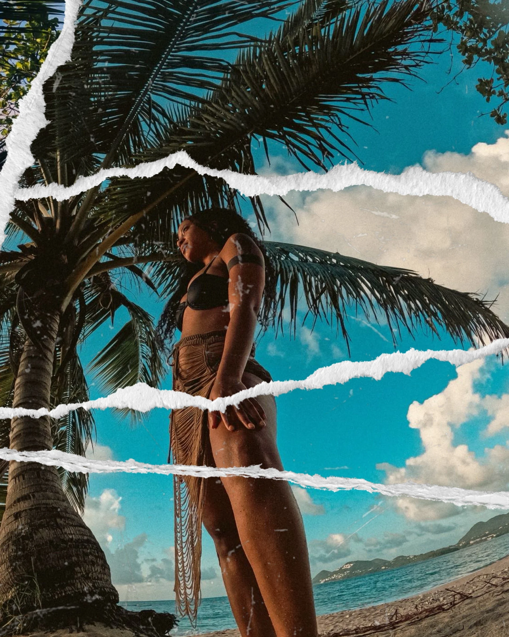 A woman in black and brown swimwear standing on a beach with palm trees and ocean in the background, torn paper effects across the image.
