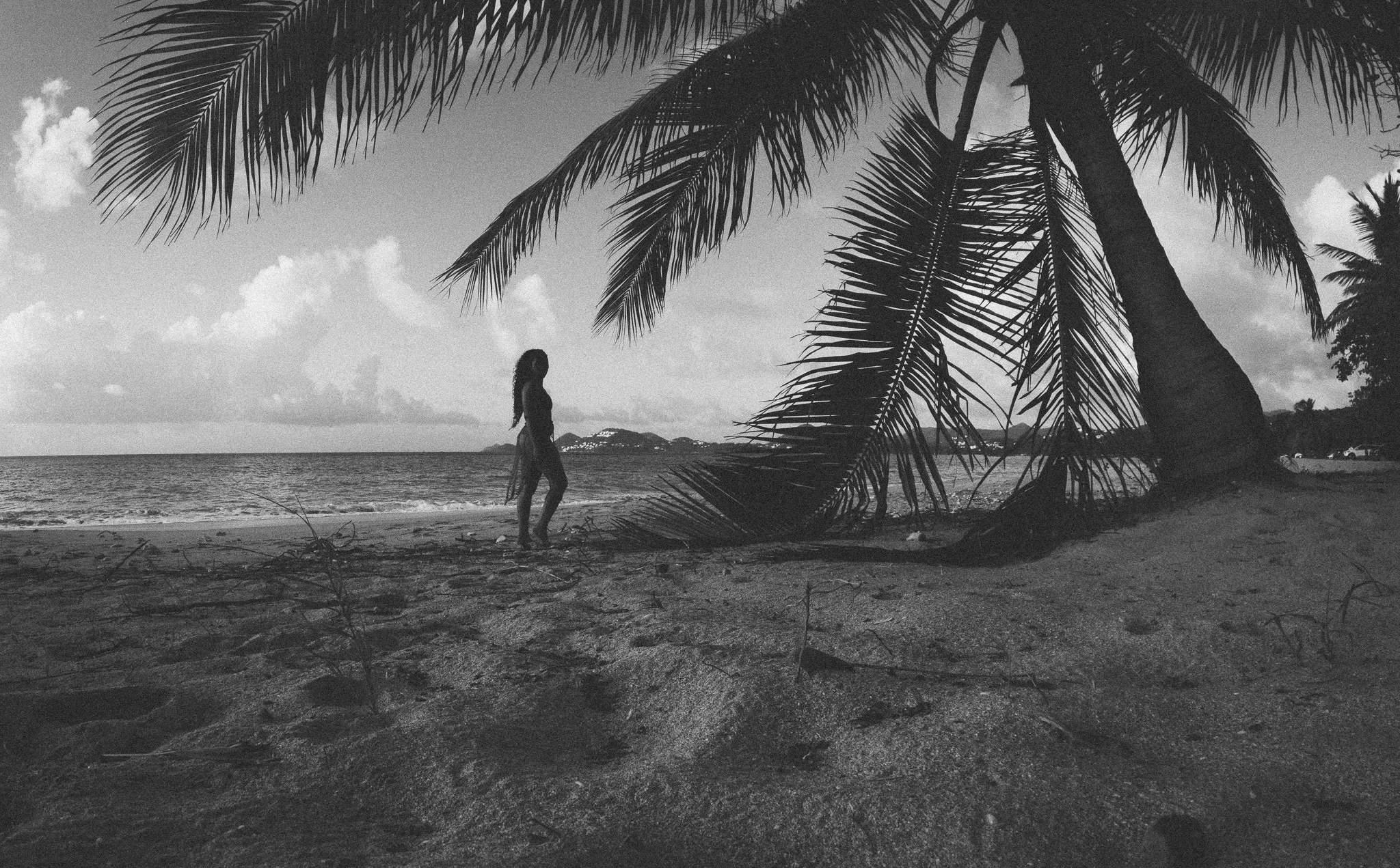 A black and white photograph of a beach scene with a woman walking along the shoreline under large palm trees, with the ocean and cloudy sky in the background.