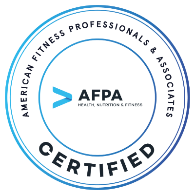A circular badge with the text 'American Fitness Professionals & Associates Certified' surrounding the 'AFPA' logo in the center, which stands for Health, Nutrition & Fitness.