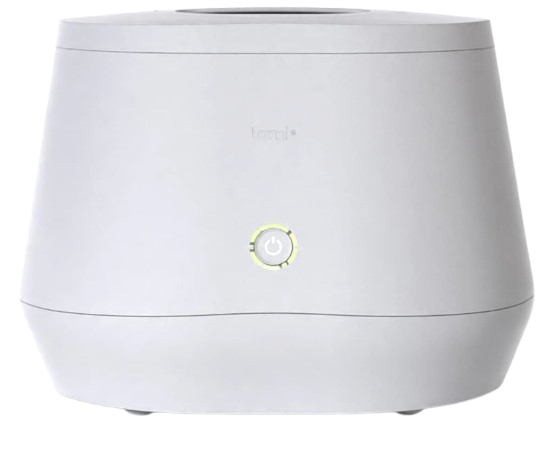 A white, compact, ultrasonic essential oil diffuser with a circular power button and LED light indicator.