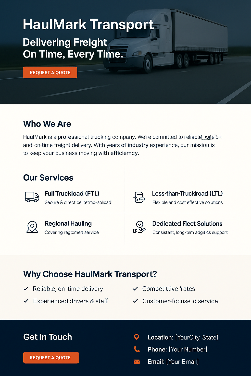 Website homepage for HaulMark Transport featuring a large truck on the road with the headline 'HaulMark Transport Delivering Freight On Time, Every Time' and a 'Request a Quote' button.