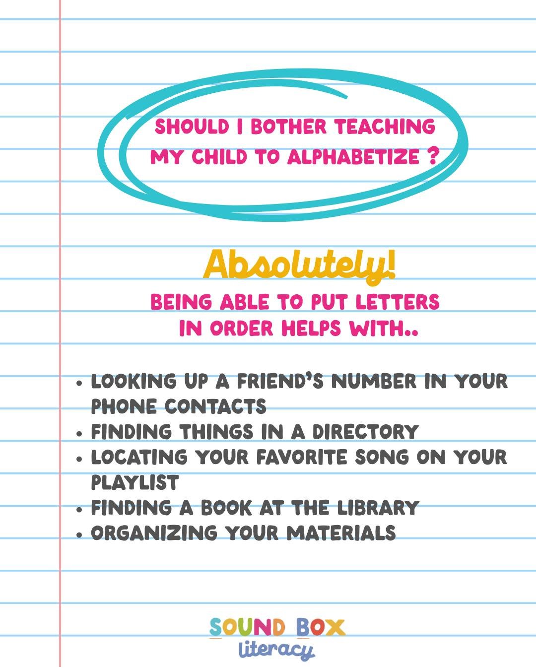 YES! Learning to alphabetize matters. It isn't just a song (we all know that :). It is also a helpful tool that we use all the time without thinking much about it ~