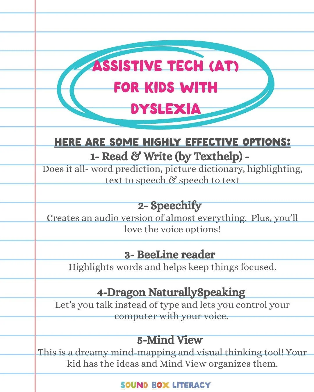 Assistive Tech Top 5 - but please remember, never let assistive tech replace quality instruction. Instead, use it to eliminate unnecessary barriers for your kiddos ~