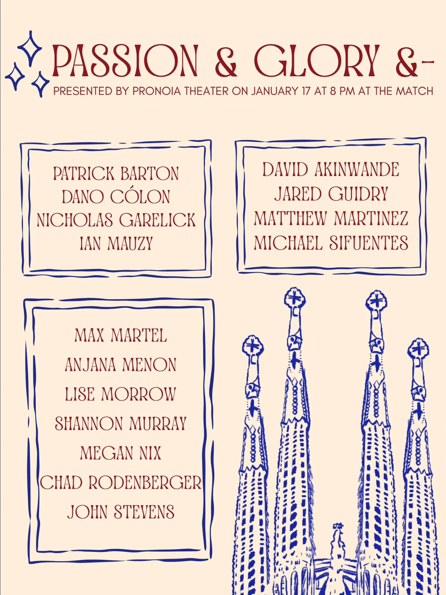 Next saturday we're bringing what may be our most ambitious show to life! Following the 150 year construction of La Sagrada Familia "Passion &amp; Glory &amp;-" features three time periods each with their own director and cast. Until it com