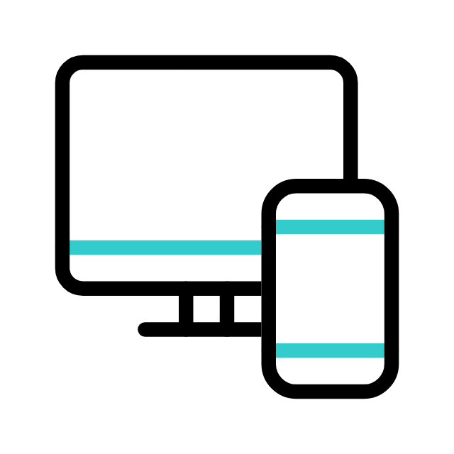 Icône d'un ordinateur et d'un smartphone avec une ligne de couleur bleue indiquant une connexion ou synchronisation.