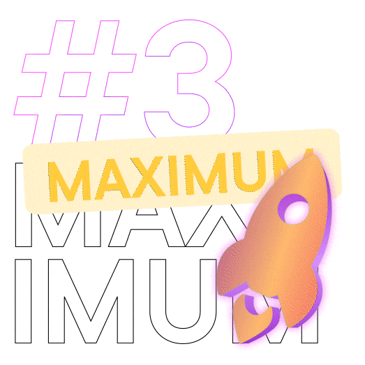 Illustration de hashtags, le mot « MAXIMUM » en jaune sur fond beige, et une fusée stylisée de couleur orange et violet